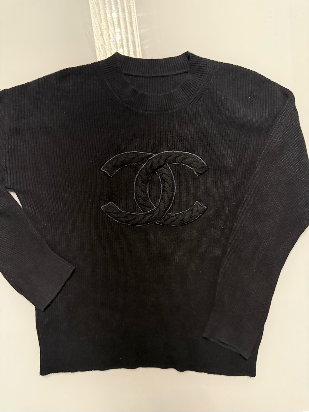 CHANEL Black Crewneck Sweater with Embroidered CC Logo - Picture 7 of 7